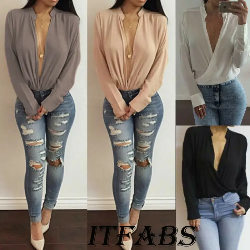 Womens Blouse Shirt Long Sleeve Stand Collar Solid Color Loose Chiffon Cardigan Deep V Neck Fashion Office Shirts Autumn | Женская