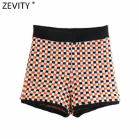 zevity 2021 women vintage contrast color plaid pattern knitting shorts ladies streetwear chic casual slim pantalone cortos p1001