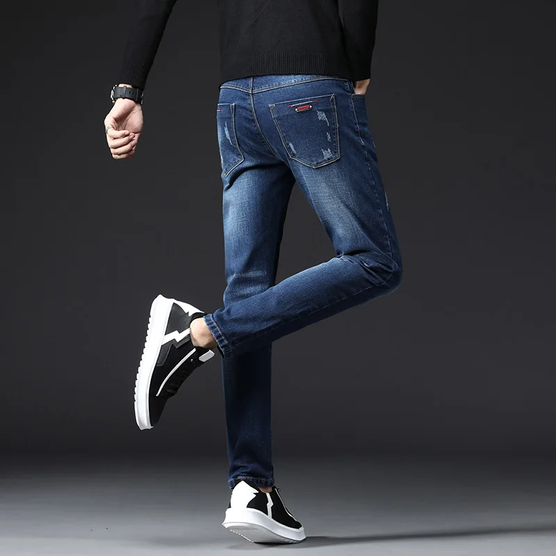 

Men's Jeans Spring Winter 2020 New Warm Slim Fit Business Fashion Thicken Denim Trousers Black Blue Jeans Men