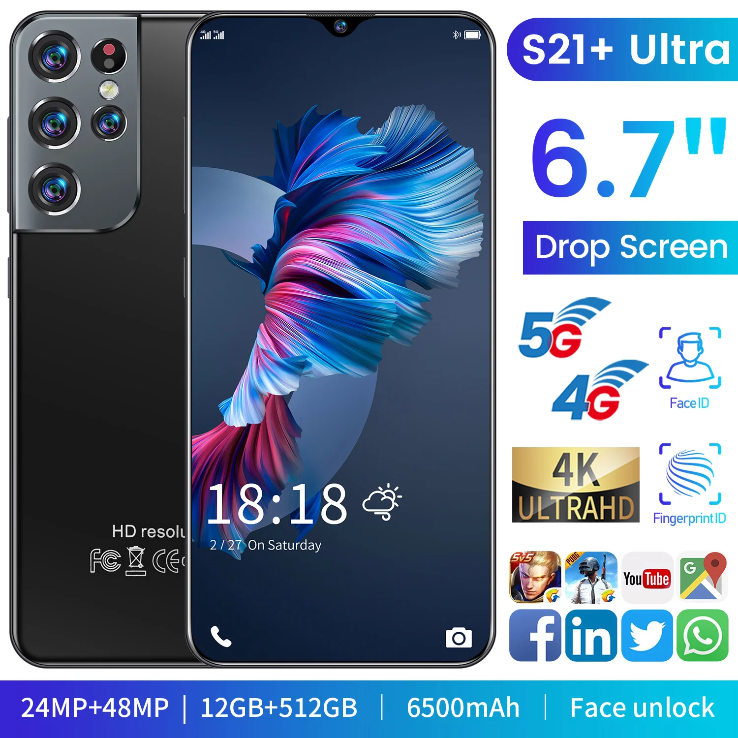 

Hot 5G S21+ Ultra 6.7 Inch Cellphone Global Version Face Unlock Dual SIM 12G+512GB 6500mAh Full Screen Android Smartphone Mobile