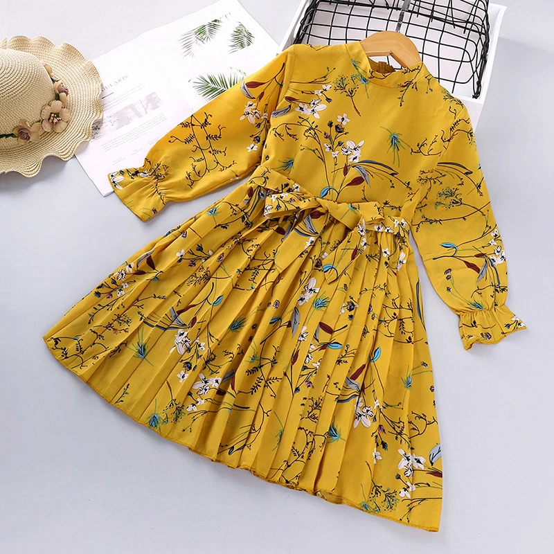 

2021 Kids Girls Floral Dresses Baby Girl Flower Clothes Autumn Summer Bow Print Princess Party Elegant Kids Dress Vestidos 2-8Y
