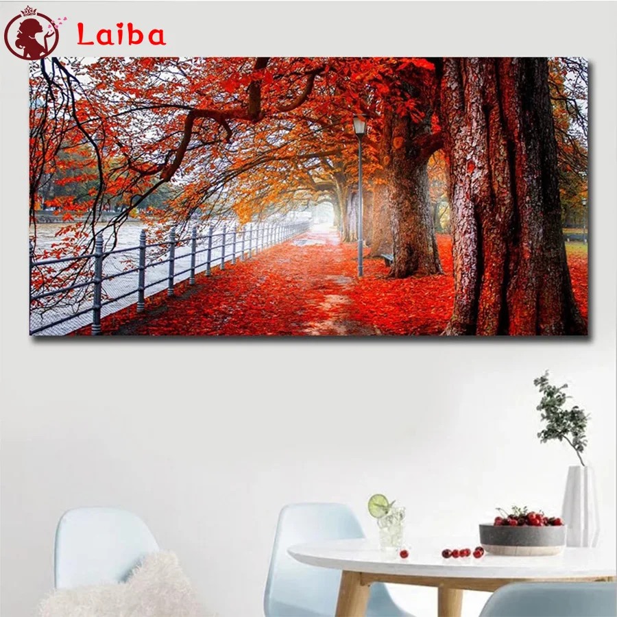 

5d diamond painting Natural scenery, park red trees, fallen leaves diy full square drill diamond embroidery round diamond mosaic