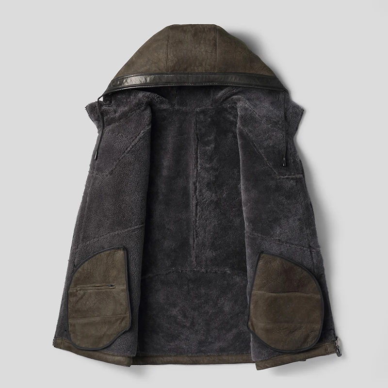 DK Мужское пальто из овечьей кожи с капюшоном утепленная меховая одежда Armygreen
