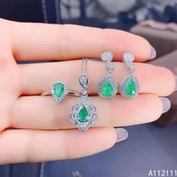 fine jewelry 925 pure silver inset with natural gem womens luxury exquisite water drop emerald pendant ring earring set support