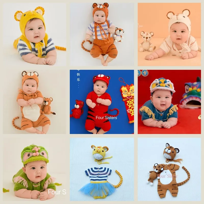 Dvotinst Newborn Photography Props Cute Tiger Outfits Hat Dolls 2022 Theme Set Fotografia Accessories Studio Shoots Photo Props