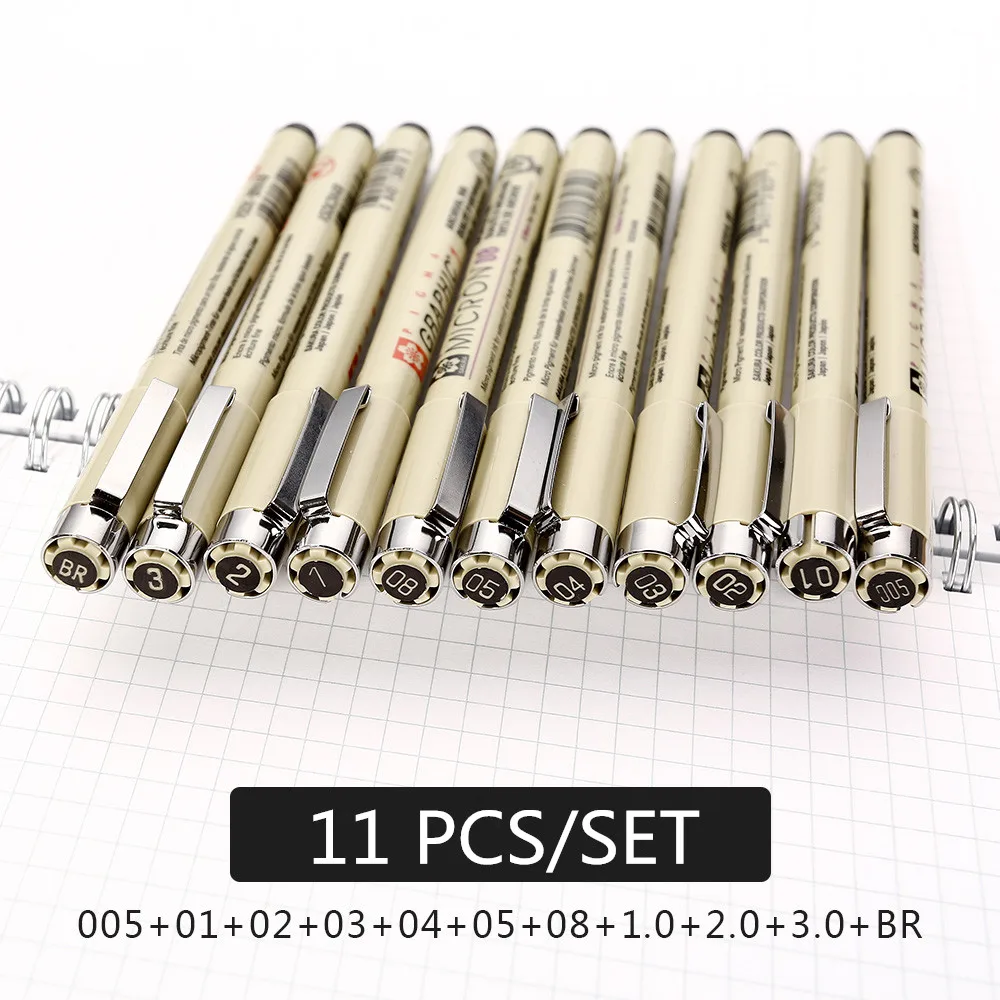 11 pcs 9 шт./компл. Sakura ручка Pigma micron иглы чертежная ручка Lot 005 01 02 03 04 05 08 кисть для рисования - Цвет: 11 pcs