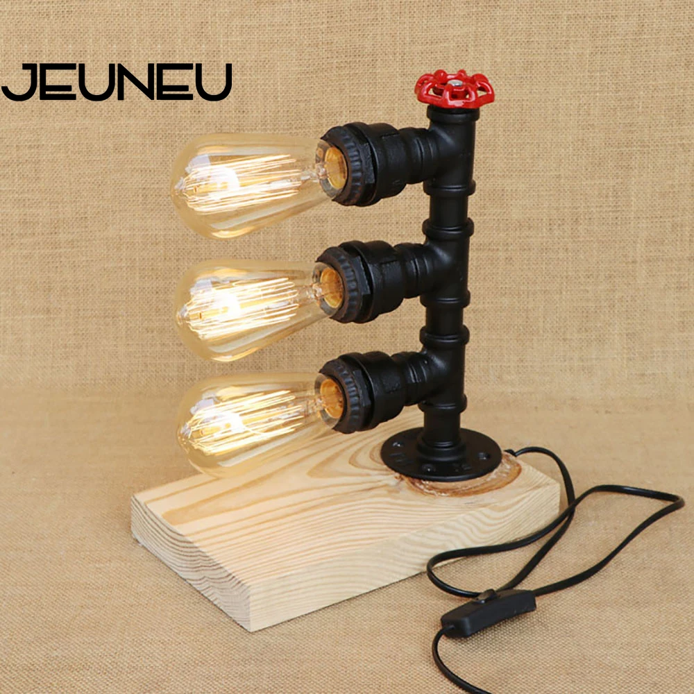 Винтажная настольная ретро лампа в стиле стимпанк железная деревянная Черная с