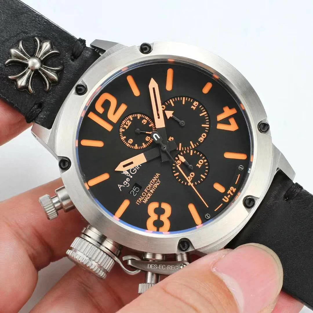 Новинка, кварцевые Секундомер-хронограф для мужчин, U CHRONOMETER U72 Chimera, серебристый, в возрасте, коричневый, корова, черный, кожа, часы для лодки, белый, оранжевый