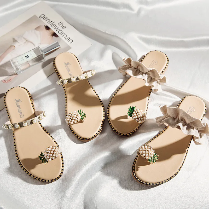 

Summer New Pineapple Slides Women's Fashion Pearl Sandals Outdoor Flip Flops Vacation Beach Female Slippers Ladies Flat Shoes