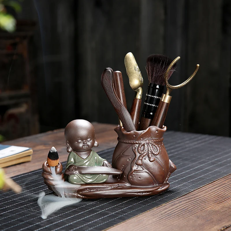 

Tea Set Accessories Kung Fu Tea Ceremony Brush Clip Spoon Kit Purple Sand Tea Pet Little Monk Ceramic Pen Holder