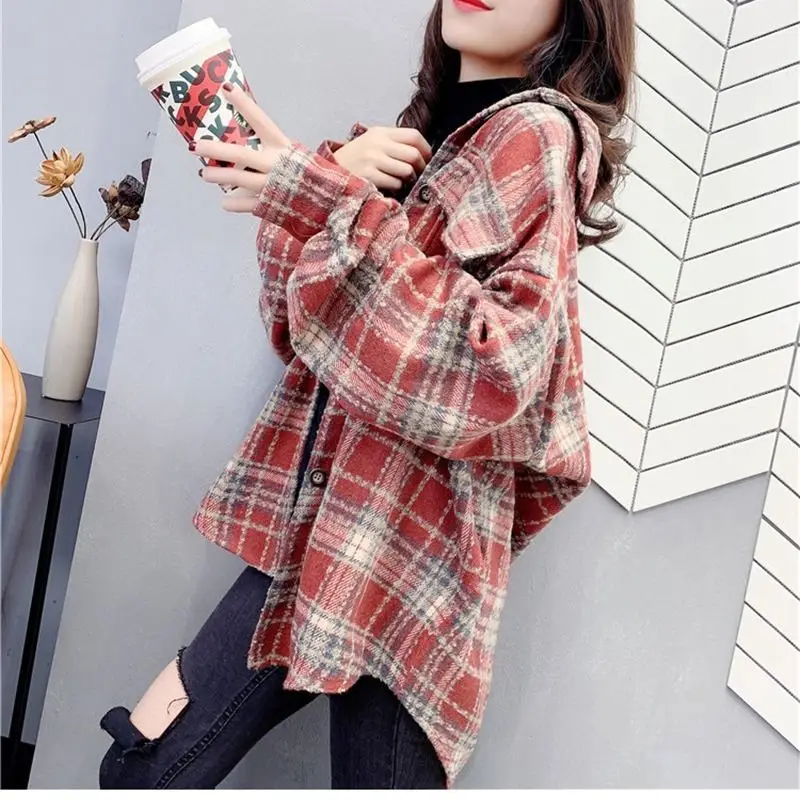 

2022 Female Autumn Street Blouse Shirts Vintage Oversized Plaid Flannel Boyfriend Tunic Shirt for Women Casual Korean Tops