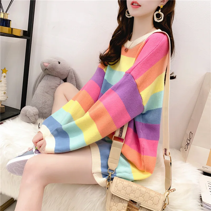 Женский свитер в полоску свободный трикотажный Корейском стиле осень 2019 |