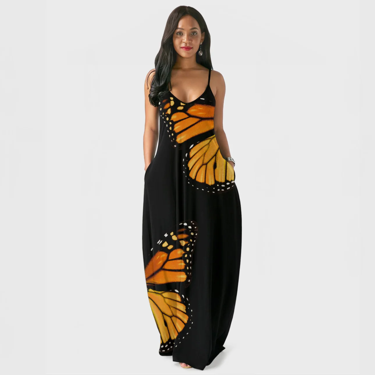

Women Maxi Dress Summer Casual V-neck Solid Long Dress Fashion Pockets Short Sleeve Loose Female Vestidos Plus Size Dress