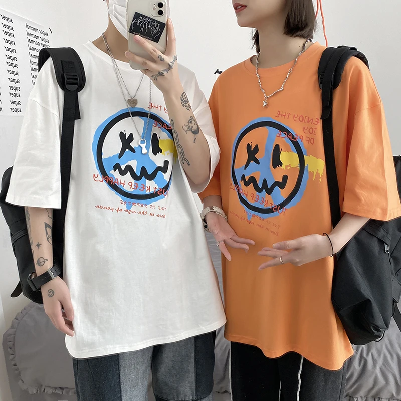

Ulzzang Oversized 2021 100% 3xl Cartoon Smiley Men T Shirt Short Sleeve Summer Woman Graphic Loose Unisex Harajuku White New Top