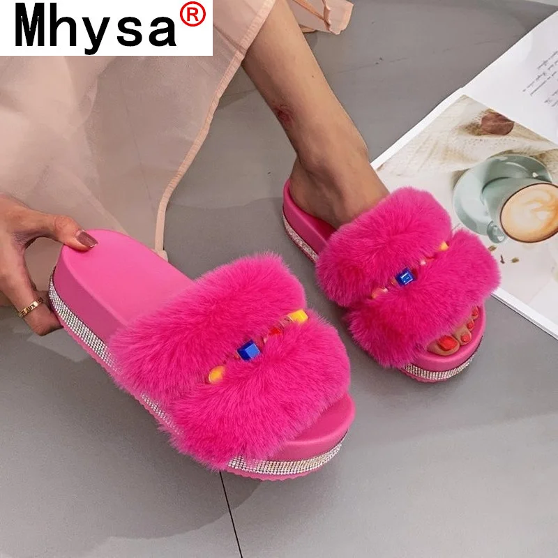 

2021 Summer New Women Sandals Open Toe Outdoor Yellow Fluffy Slippers Comfortable Female Shoes Plush Chunky Platform Sandals