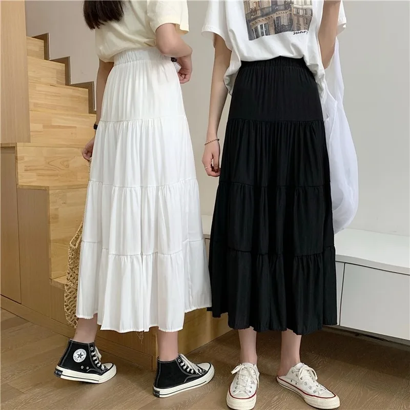 

PEONFLY Summer Women Chiffon Skirts Vintage High Waist Elastic Patchwork White Black Chic Long Cake A-line Skirt for Student