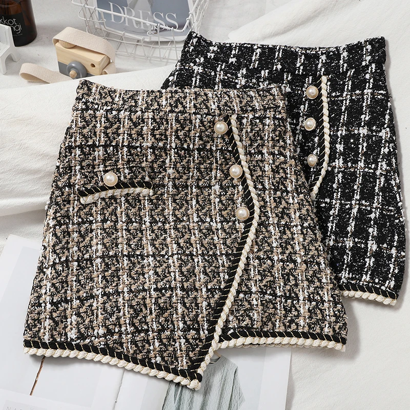 

Осень/зима новый стиль контрастная боковая однобортная Асимметричная темпераментная юбка женская твидовая клетчатая юбка