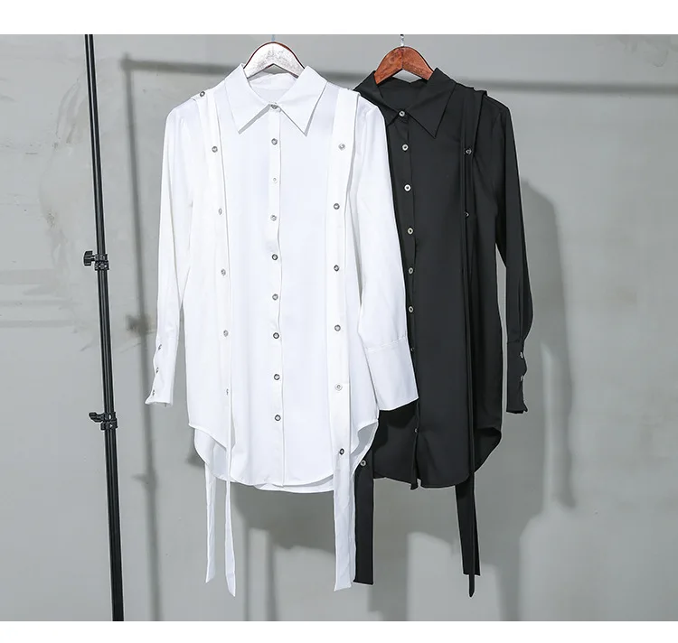 

Dark summer 2020 new button decoration shirt tide brand BF personality irregular long-sleeved shirt 20-989