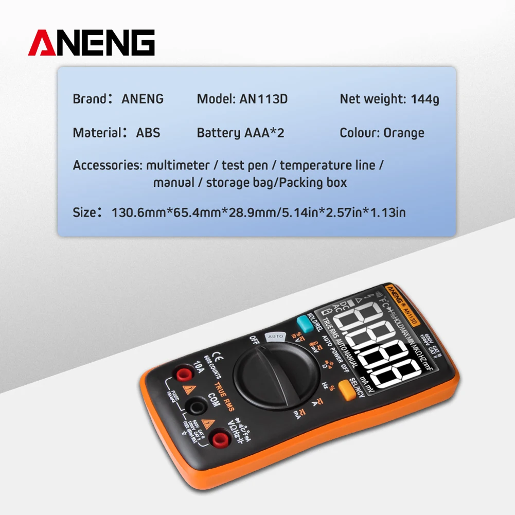 AN113D Digital Multimeter 6000 Counts Electrical Transistor Tester Temperature Auto Ranging AC/DC Voltage Meter for Electrician