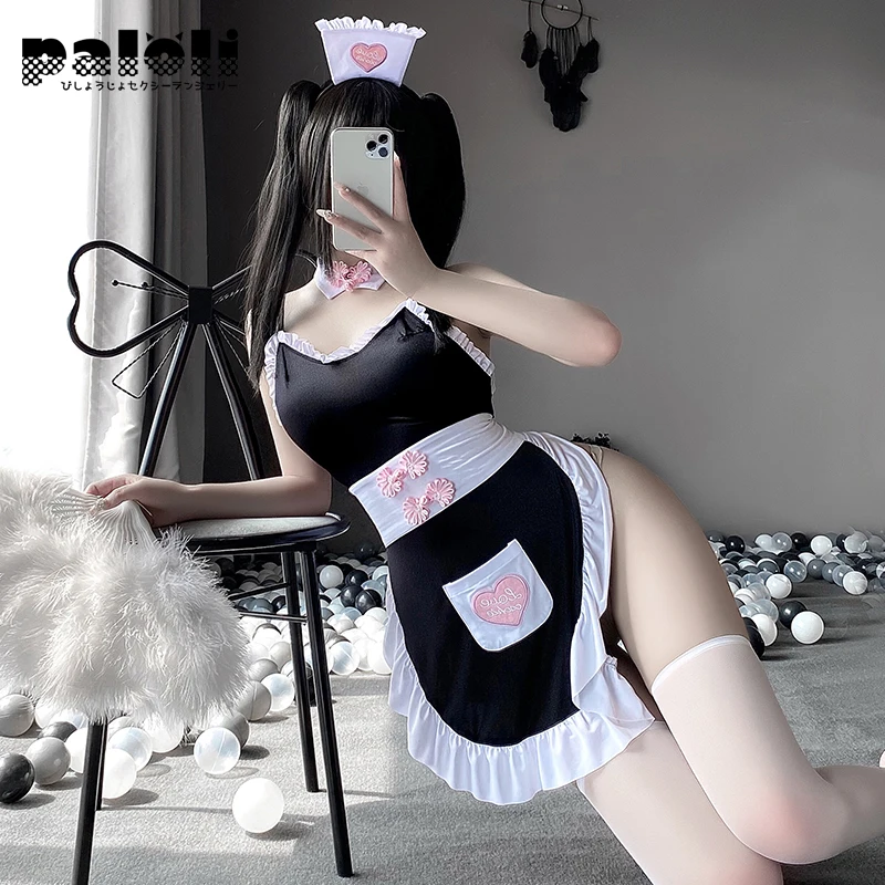 Женский французский фартук ролевой игры горничной, женское нижнее белье, костюм для аниме косплея, униформа, сексуальное сладкое искушение, черное платье с открытой спиной.