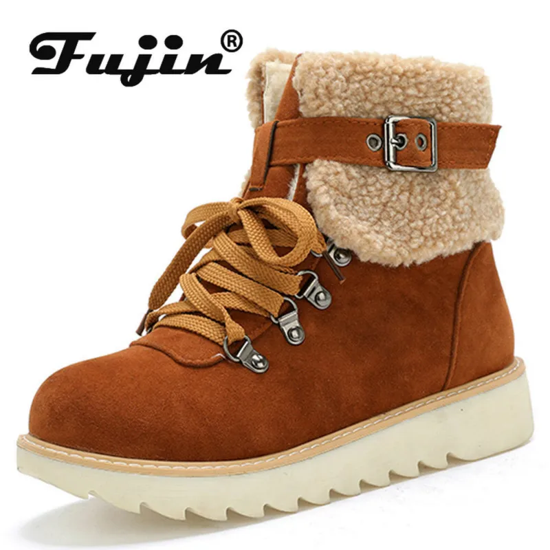 Fujin/черные ботинки Имитация овечки Кремовый шерстяной ремень Плюшевые на