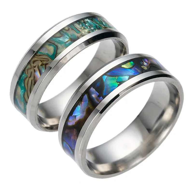 

AsJerlya New 8mm Inlaid Abalone Shell Beveled Stainless Steel Rings For Women Men Wedding Jewelry Valentine Engagement Ring Gift