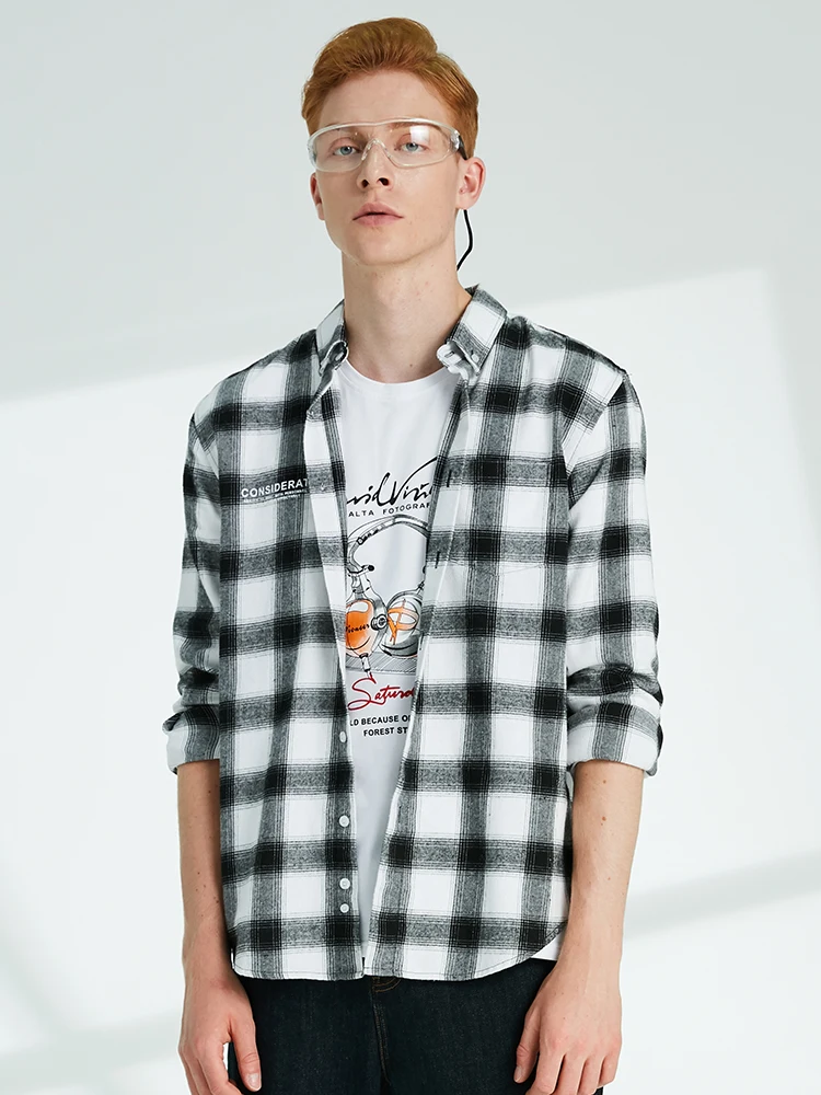 Рубашка мужская повседневная в клетку хлопок длинный рукав приталенная