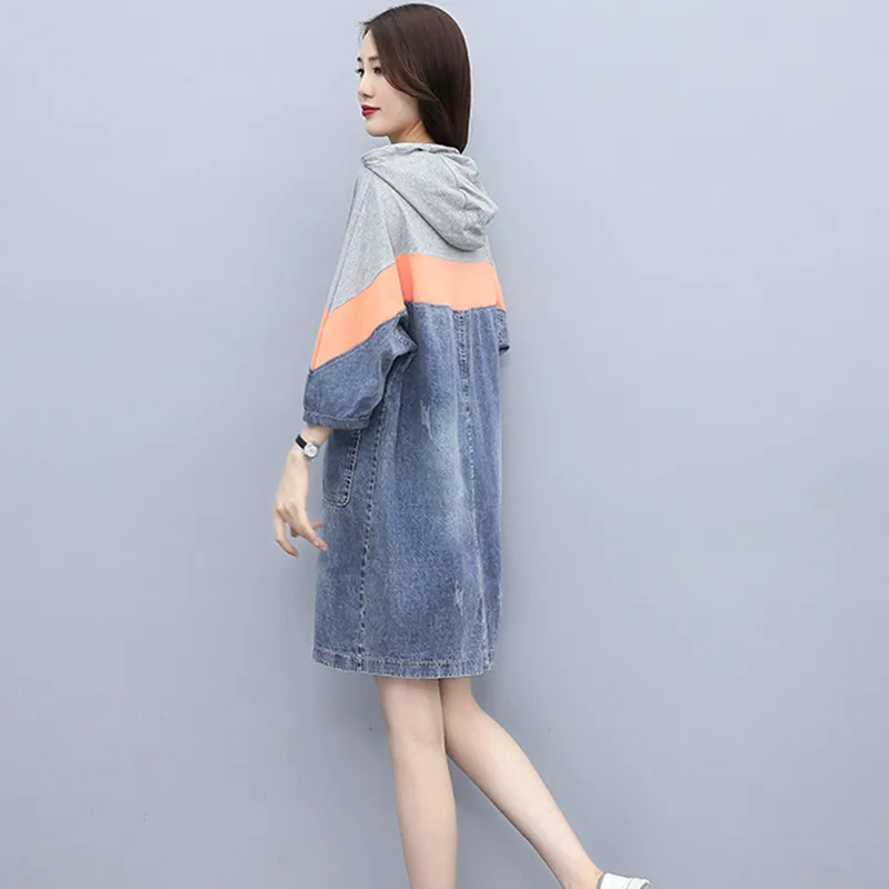 

Fashion Splicing Casual Denim Dresses For Women Summer 2021 Retro Washed 3/4 Sleeve Loose Hooded Jean Sweatshirt Dress S145