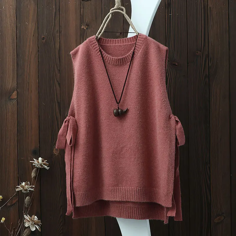 Женский весенний пуловер без рукавов Вязанный жилет с круглым вырезом тонкий