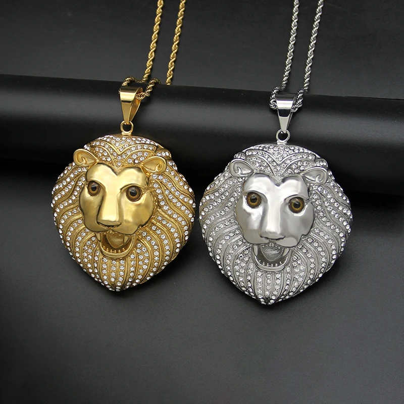 

Hip Hop Rhinestones Paved Bling Iced Out Stainless Steel Big Lion Pendants Necklaces for Men Rapper Jewelry Drop Shipping