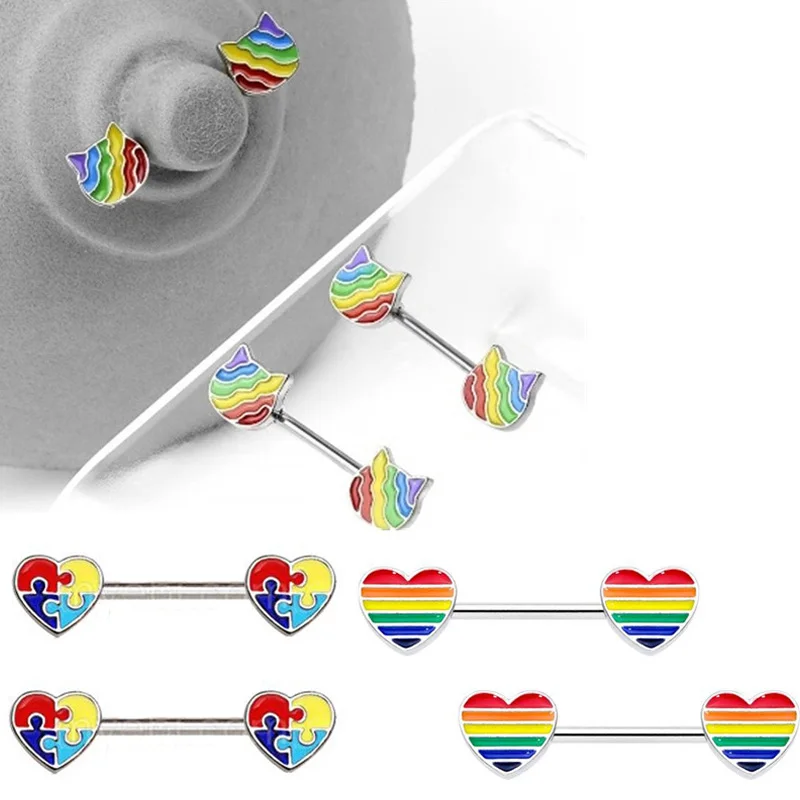 

1 Pair Rainbow Love Heart Cat Nipple Rings for Women Bar Stainless Steel Barbell Nipple Piercing Body Jewelry 14G Nipple Shield