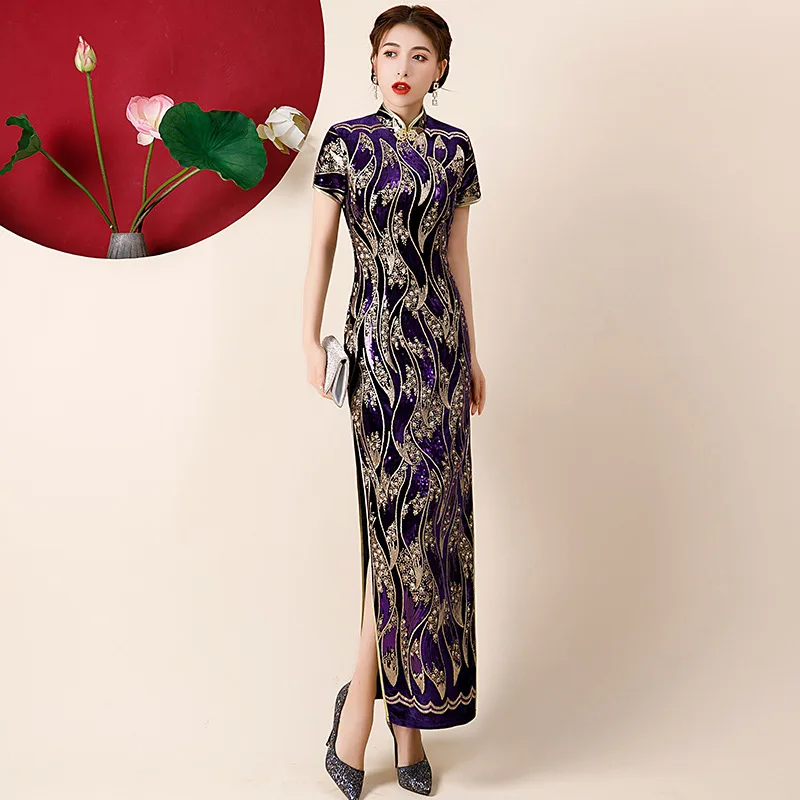 

Oversize 5xl Velour Sequin Chinese Cheongsam Women Slim Catwalk Qipao Elegant Evening Party Dress Short Sleeve Improved Dress