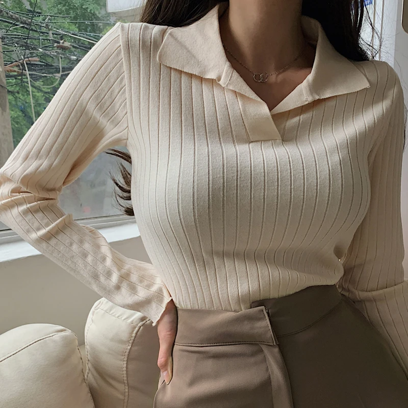 

Casual Turn-Down Collar Knitted Women Sweater Ladies Winter Fashion Korean Sweet Slim Long Sleeves Solid Sweater Pullover Tops