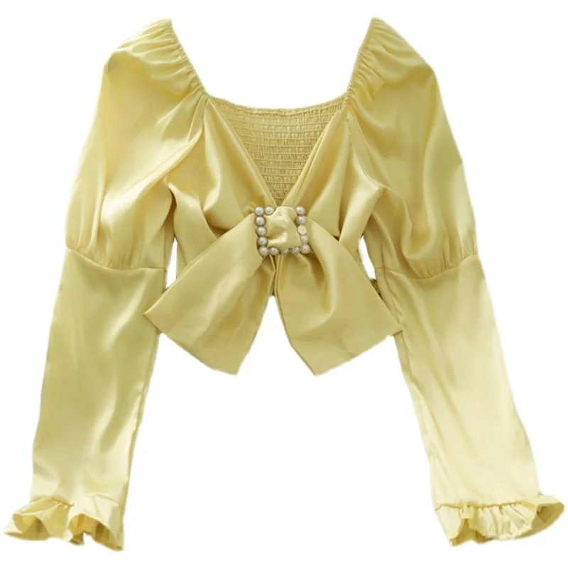 

Kimutomo French Style Low V-neck Blouse Women Solid Puff Sleeve Bow Slim Waist All-matching Short Shirt Ladies Elegant Tops