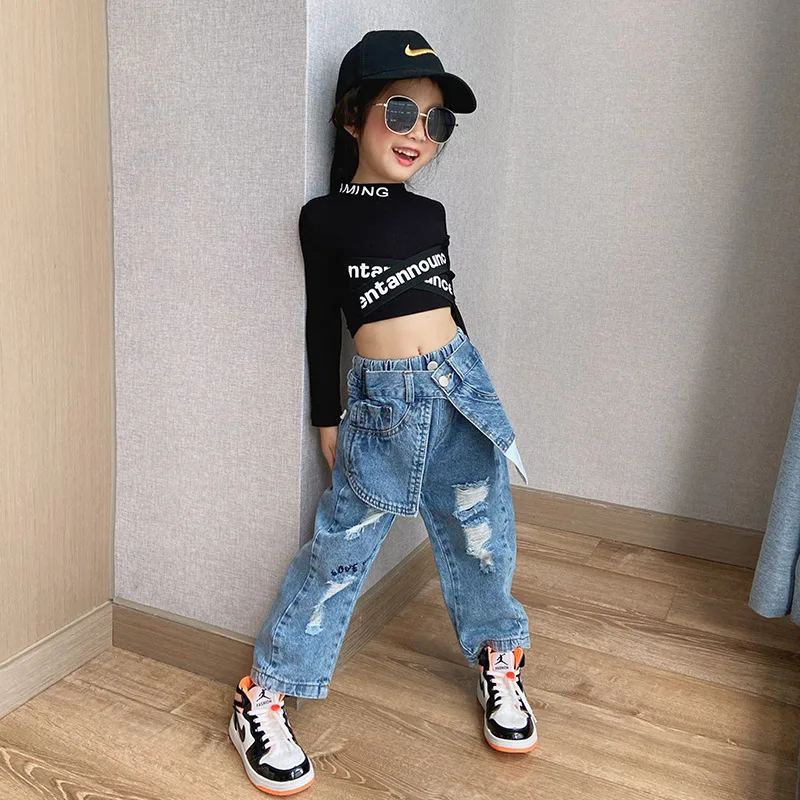 

Джинсы для девочек 3-12 лет, модные штаны со сращением, штаны с колокольчиками в стиле ретро, весна-осень