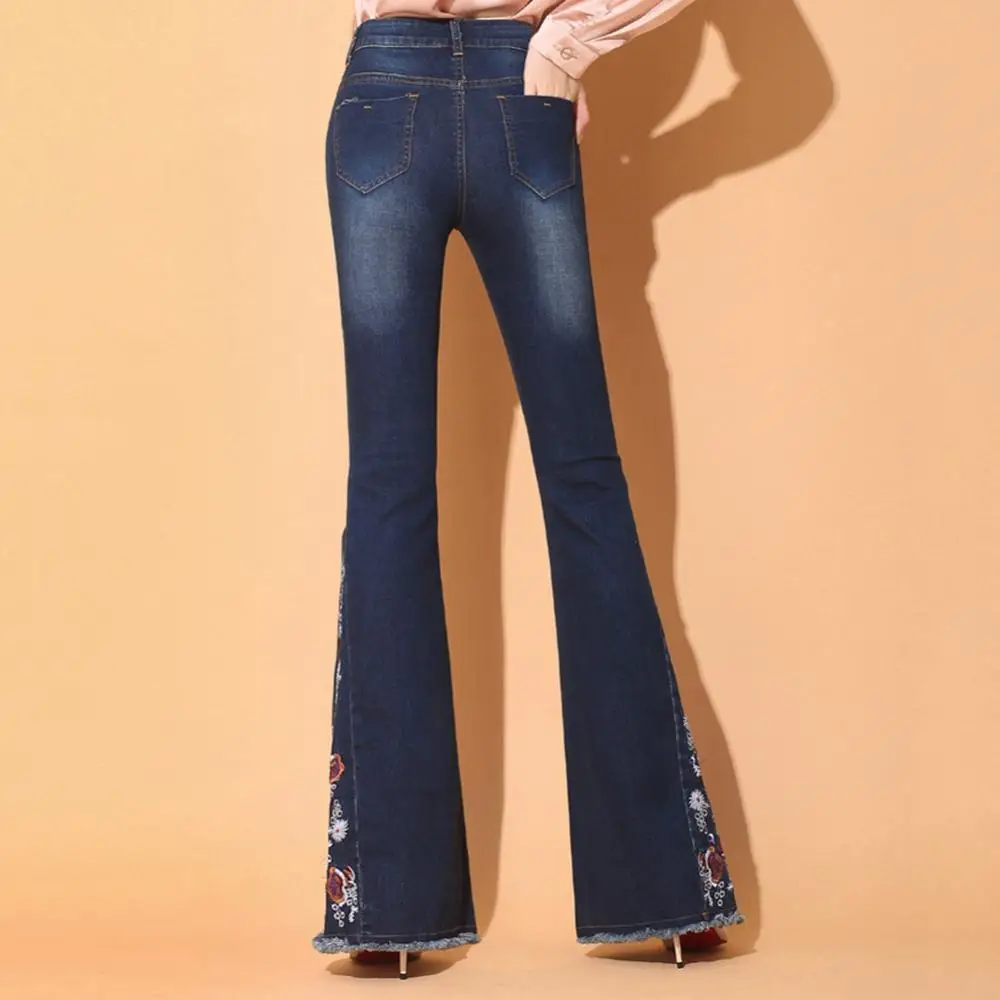 

50% HOTWomen винтажные расклешенные джинсы с Боковым Разрезом, Стрейчевые джинсы, расклешенные брюки, узкие облегающие модные женские джинсы