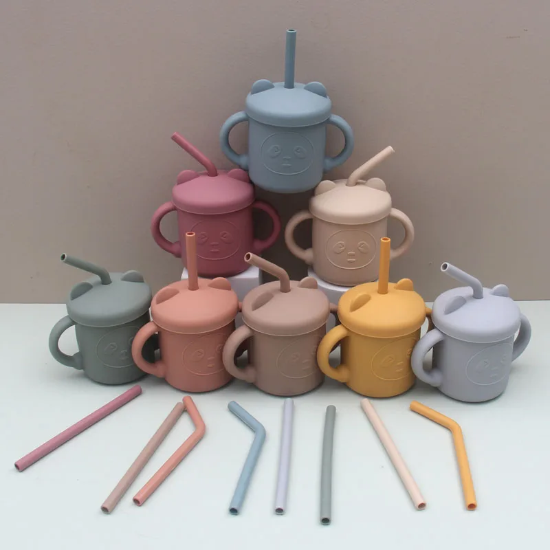 Fuente de alimentaci&oacute;n de beb&eacute; de oso de dibujos animados, vasos de paja para Aprendizaje de beb&eacute;, vasos de alimentaci&oacute;n, vajilla de silicona sin BPA, Bot de agua para ni&ntilde;os peque&ntilde;os-3
