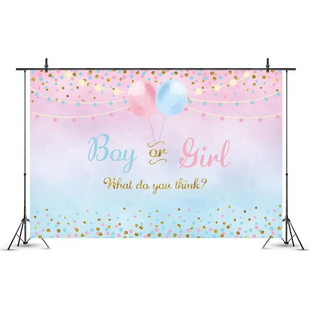 

Boy or Girl Gender Reveal Background Blue Pink Dots Balloon Photography Backdrop Baby Shower Party Banner Backdrops