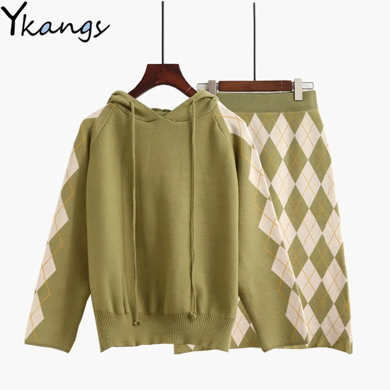 

Women Autumn Sweater Suit Fenale Winter Hooded Jumper Plaid Knitted Long Skirt 2020 Korean Style Elegant Ladies Office 2Pcs Set