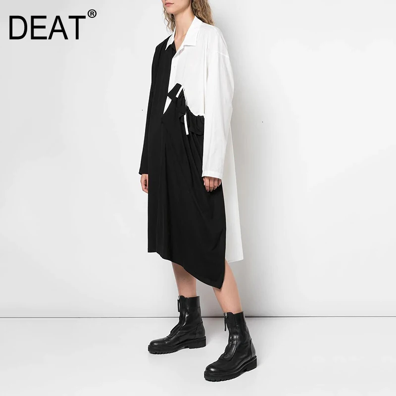 Женское Плиссированное Платье рубашка DEAT черное асимметричное свободное платье