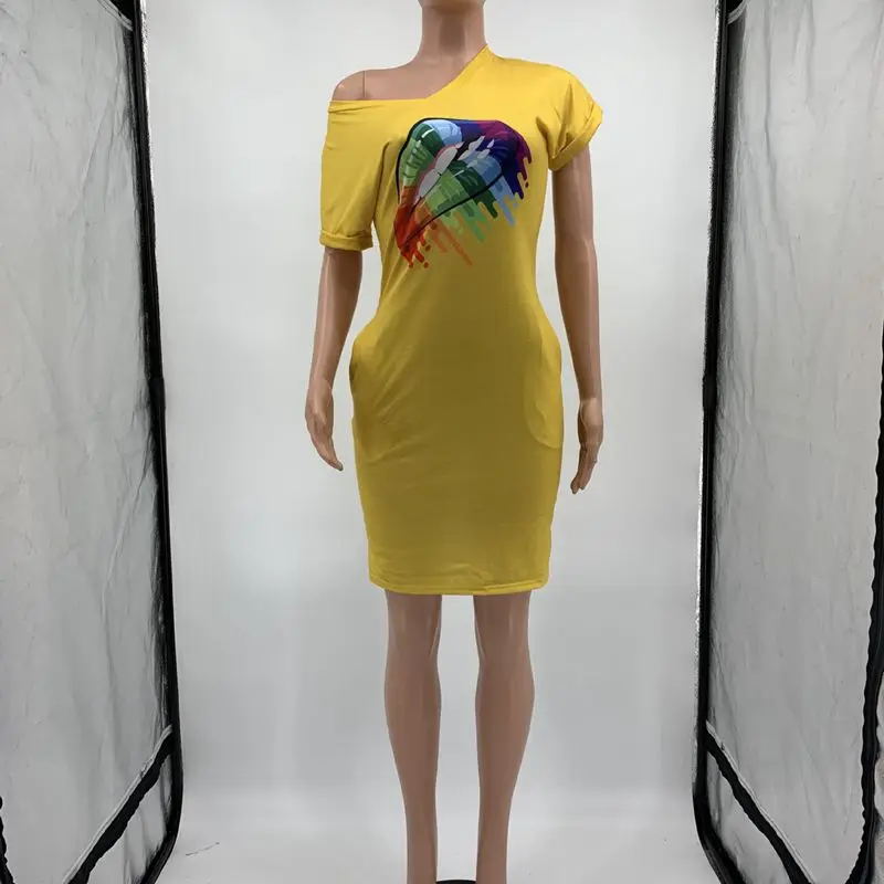 HAOYUAN радуга губы печати Сексуальная футболка платье для женщин Vestidos с карманами короткий рукав более размер d Повседневная Свободная плюс размер платья