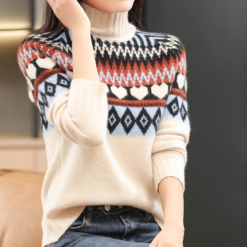 

Winter Women's Sweaters Casual Thick Turtleneck Long Sleeve Print 100% Wool Knitted Female Pullover Clothing Tops Jumpers Blouse