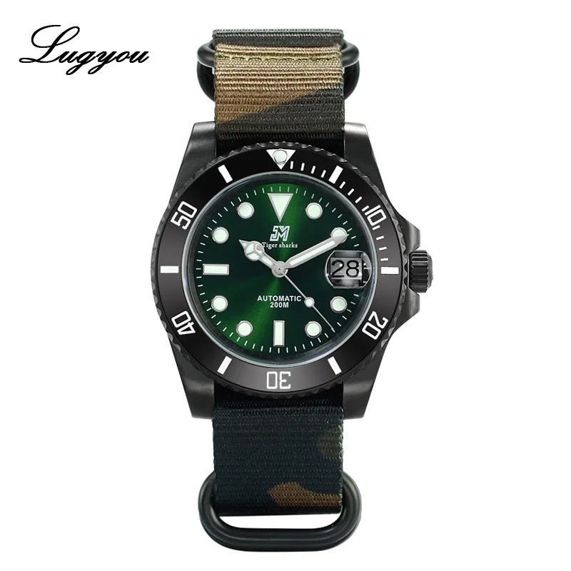 B Green A Nylon Lugyou Сан Мартин роскошные черные DLC Diver Мужские часы Автоматические из нержавеющей стали Пескоструйный сапфир 20 атм водонепроницаемый резиновый ремешок - Цвет: B Green A Nylon