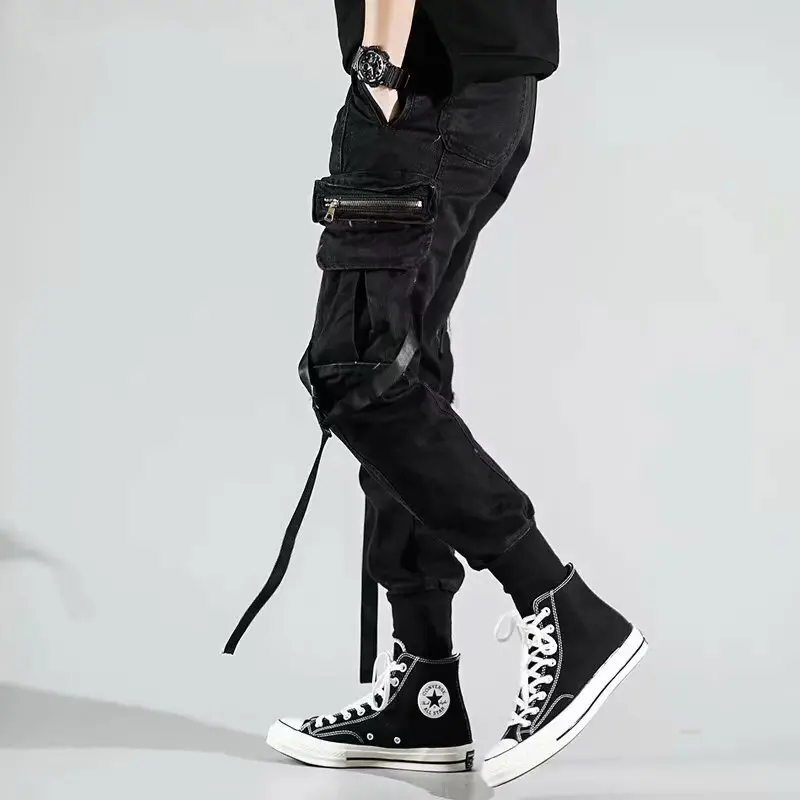 

Men Black Cargo Pants for Men Joggers Sweatpants Cargo Trousers Male Autumn Casual Gothic Streetwear Techwear Hip Hop Ribbon