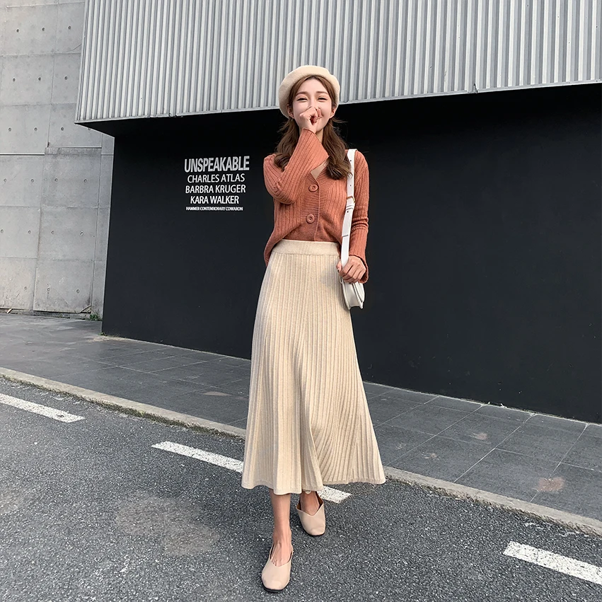 Зимняя женская Плотная юбка-свитер с эластичной высокой талией плиссированная