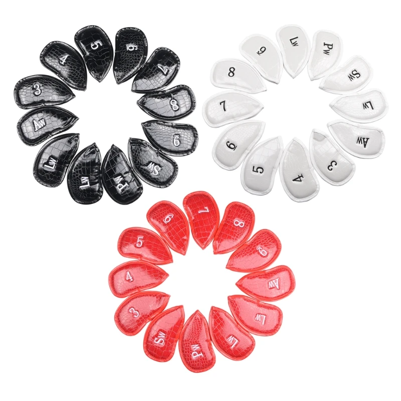 

12 Pcs Leather Golf Iron Head Covers Club Headcover Waterproof Black White Red for All Irons Club K3NC