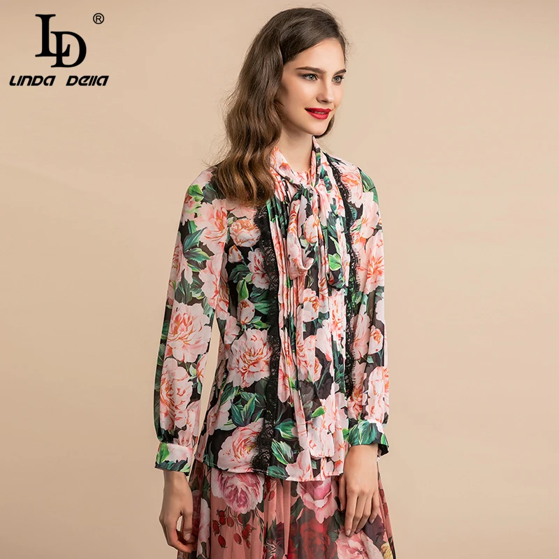 LD LINDA DELLA Autumn Fashion Elegant Blouses Women's Bow Collar Pleated Lace Floral Print Vintage Shirt Holiday Casual Tops