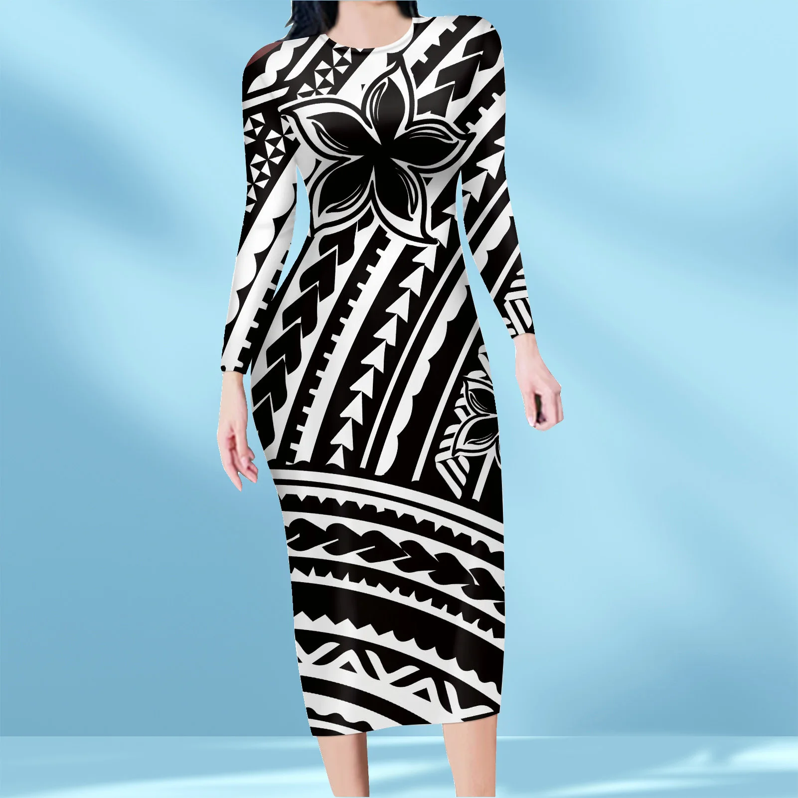 

Slim Elegant White And Black Dress Party Evening Samoan Tribal Pattern Long Sleeve Basic Bodycon Midi Dress Winter