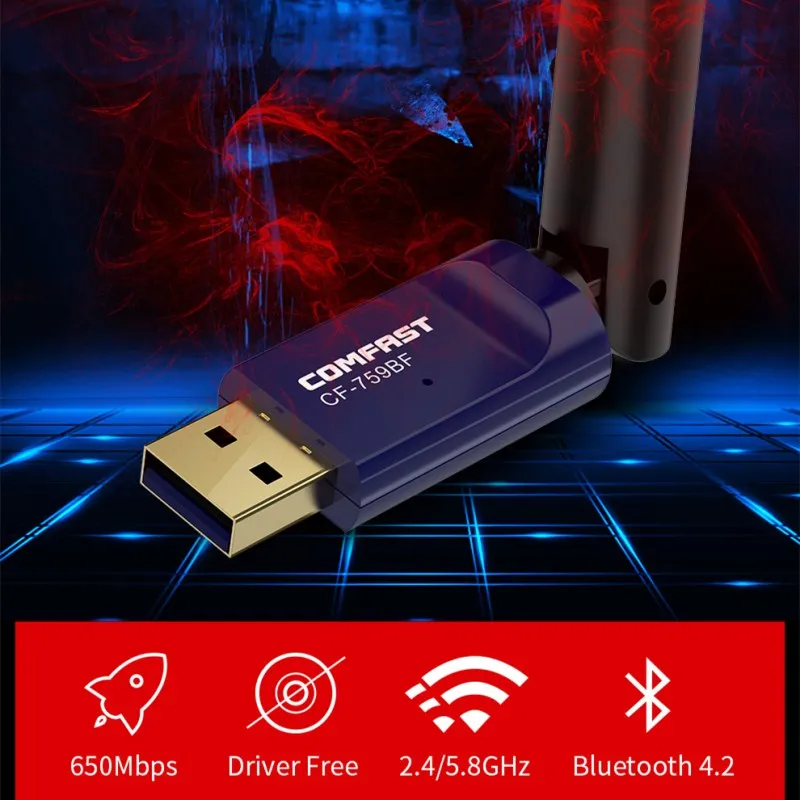 comfast cf 759bf 650mbps usb wifi adapter bluetooth 4 2 free driver dual band 2 4g5 8g network card ac wifi dongle with antenna free global shipping