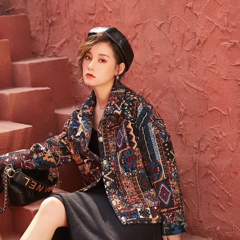 Женская Ретро куртка Этническая 2019 Осенняя мода Инди фолк укороченный Топ пальто